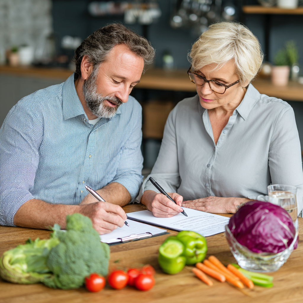 experienced middle-aged nutritionist consulting with client about healthy eating plan