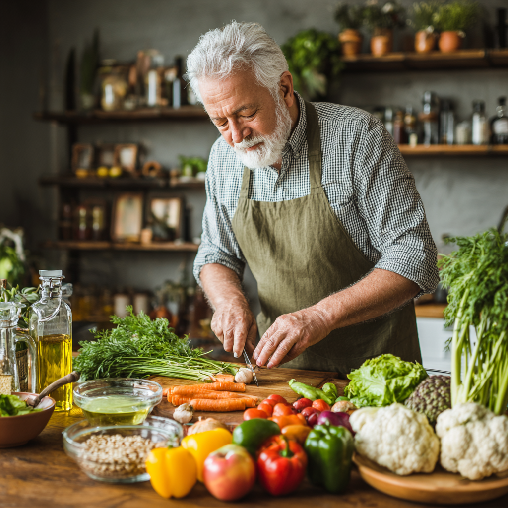 senior man cooking healthy meal with fresh vegetables and whole grains